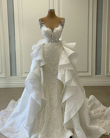 Luxurious Mermaid Wedding Dresses Bridal Gowns With Detachable Train Sheer Jewel Neck Lace Appliques HZ1023